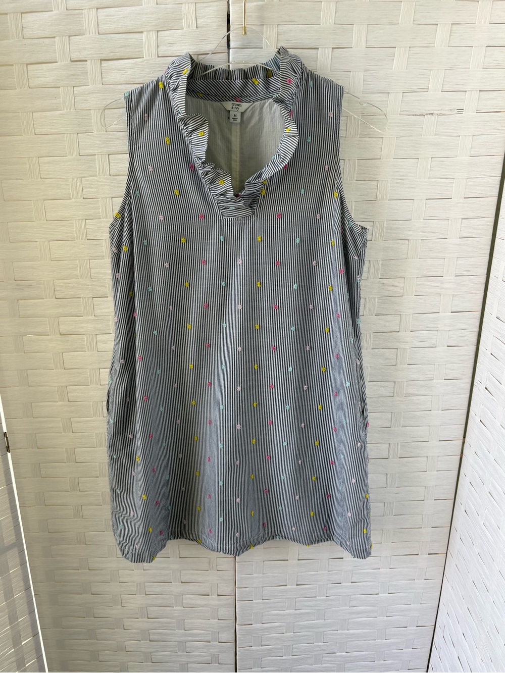 Crown & Ivy Medium Cotton Lined Blue White Ruffle Collar Striped Dress‎ Cruise